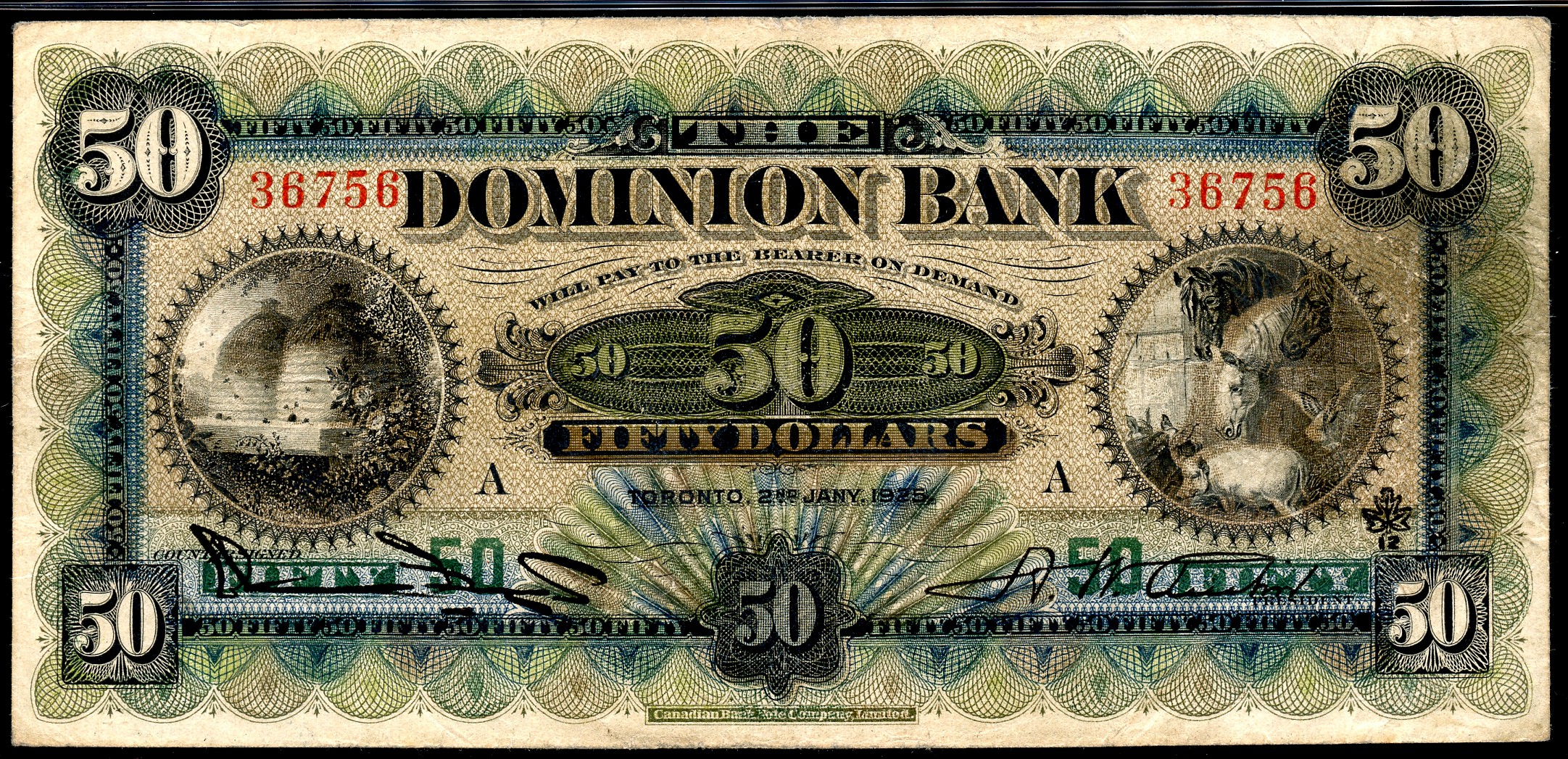 The Dominion Bank; 1925 50 CH2202208 36756, PMG Very Good8